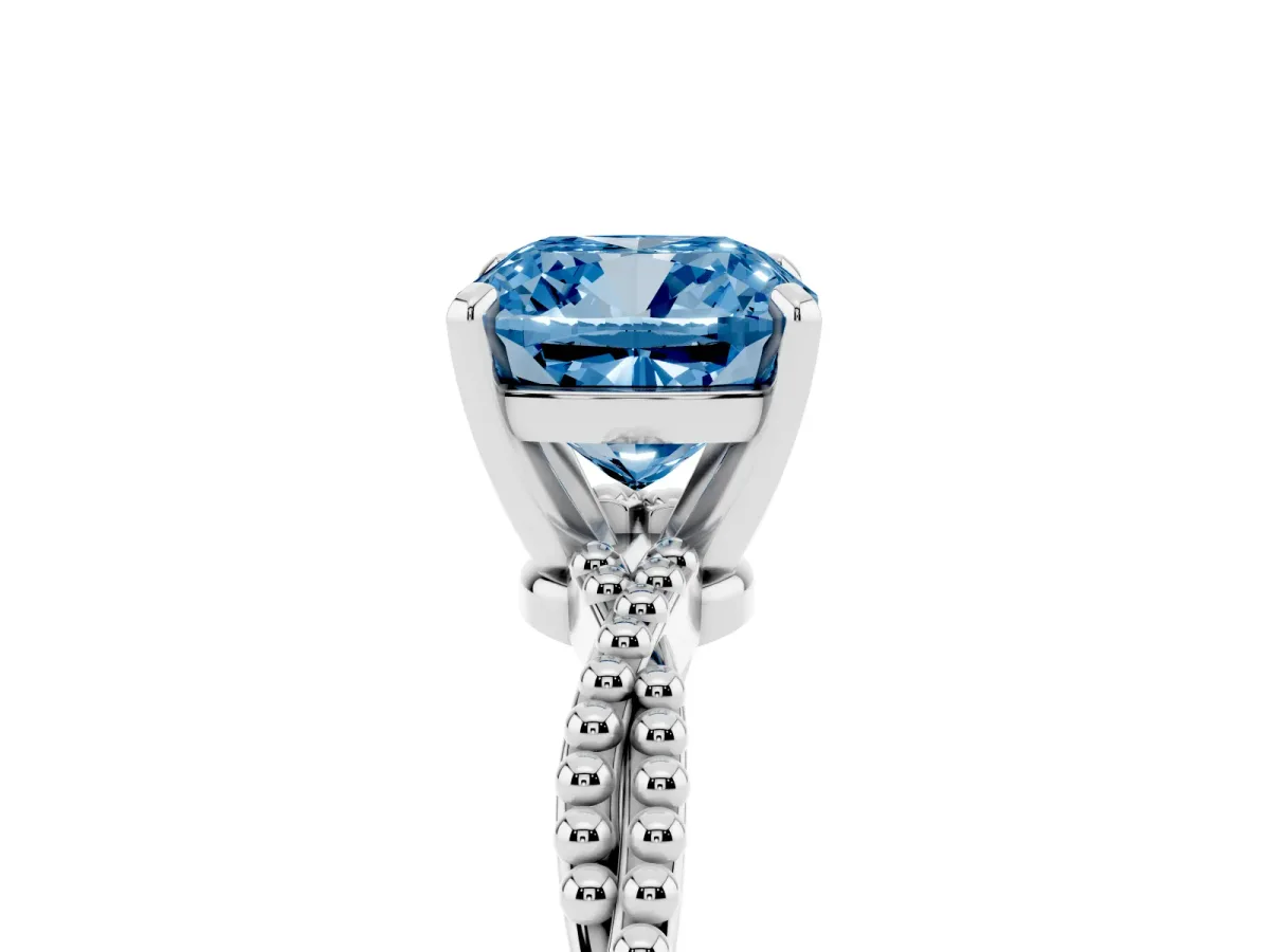 Fancy Blue Cushion Cut Solitaire Twisted Band with Bead Prong Setting Silver