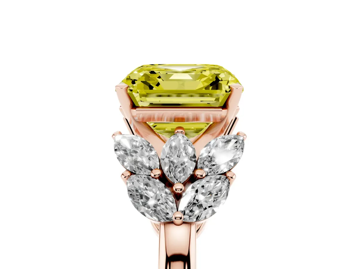 Fancy Yellow Asscher Cut Diamond Cluster Leaf Design Ring with Prong Setting Rose gold