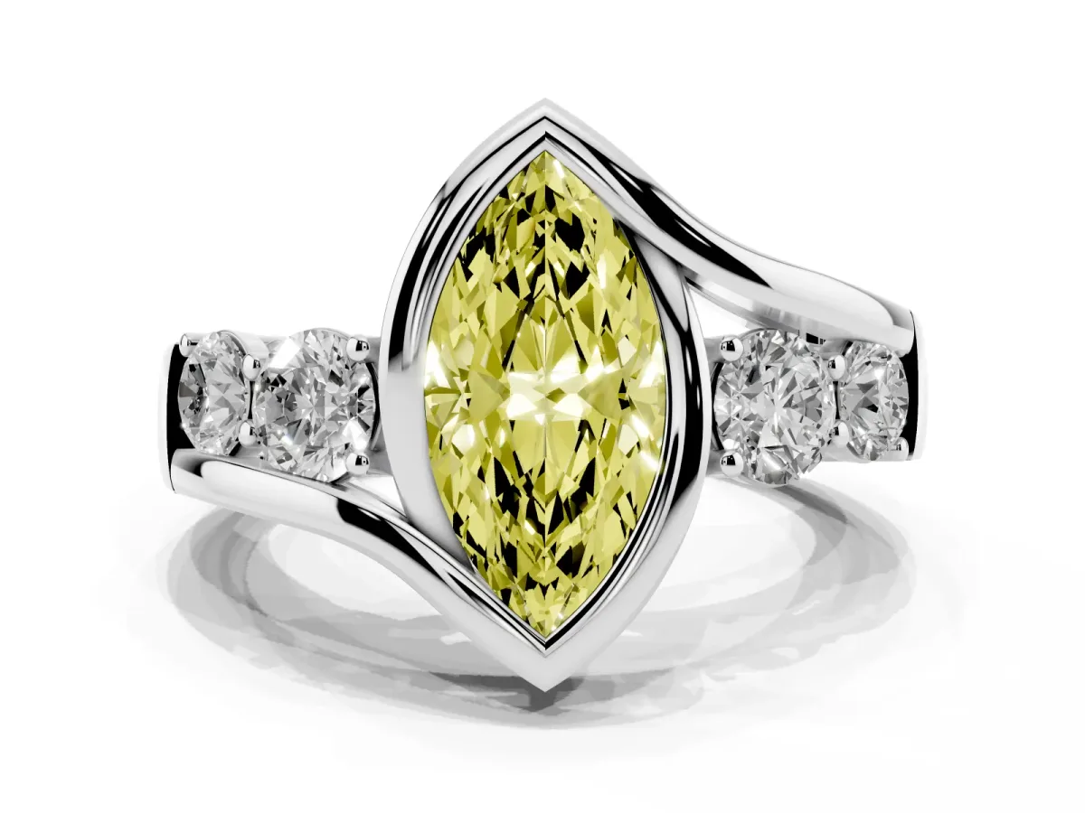 Fancy Yellow Bezel Set Marquise Cut Diamond Bypass Ring with Round Accents Silver