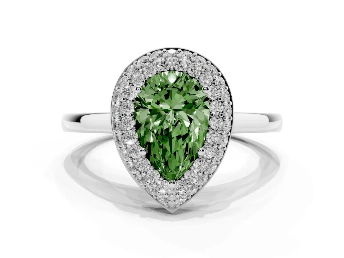 Fancy Green Pear Cut Halo Diamond Engagement Ring with Solitaire Band and Four-Prong Setting Silver