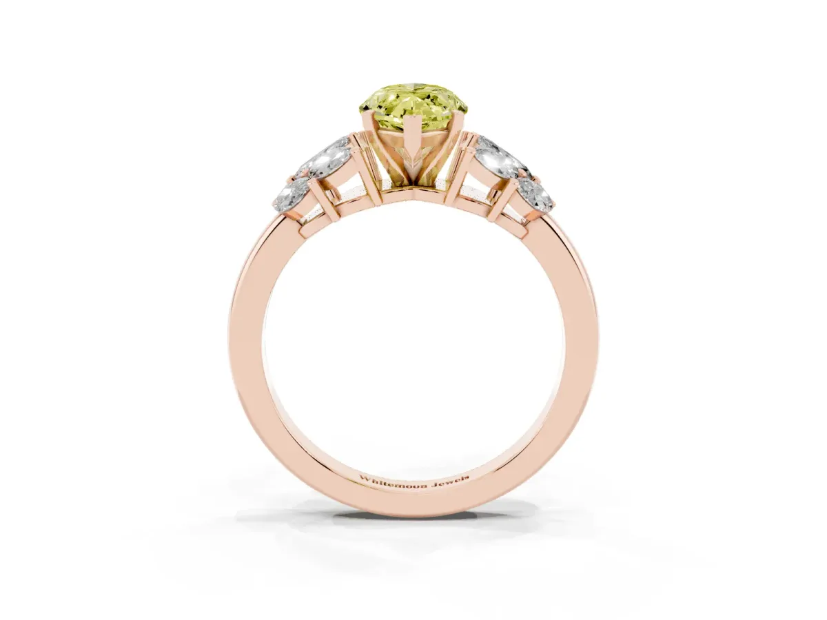 Fancy Yellow Marquise Cut Diamond Cluster Leaf Design Ring with Prong Setting Rose gold