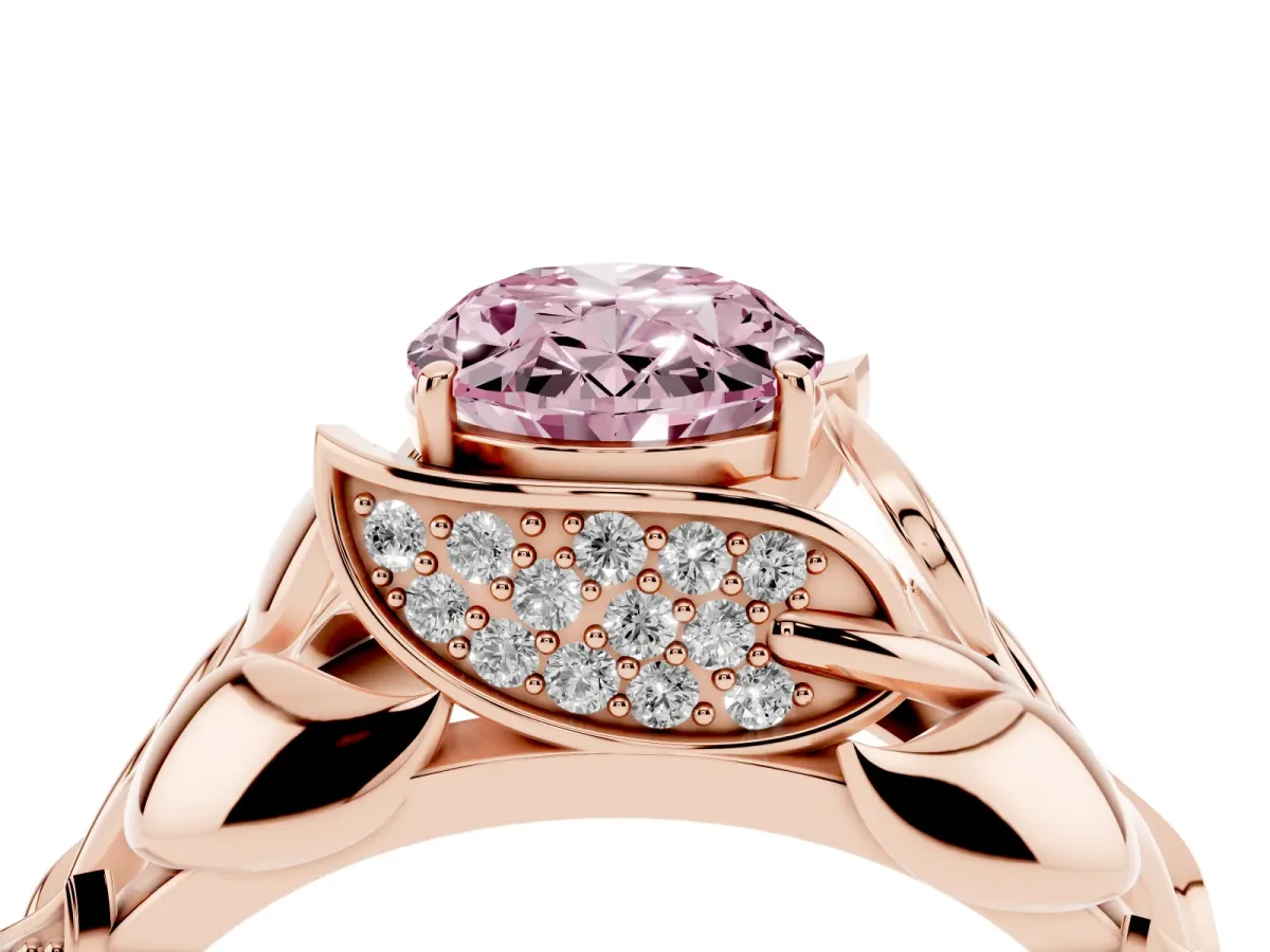 Fancy Pink Oval Cut Diamond Leaf-Inspired Engagement Ring with Round Accents and Prong Setting Rose gold