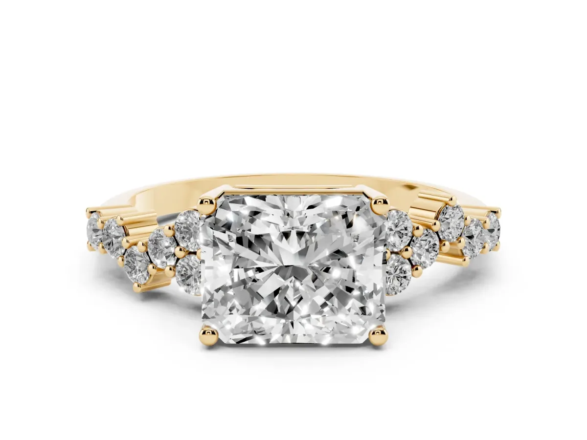 Radiant Cut Diamond Scattered Round Accent Ring with Prong Setting Yellow gold