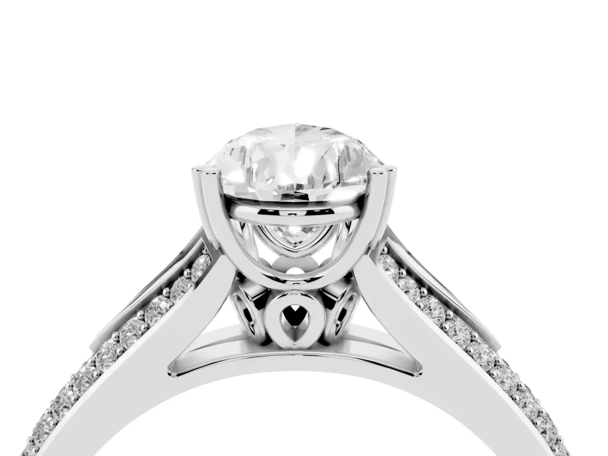 Pear Cut Diamond Split Shank Engagement Ring with Pavé Band Silver