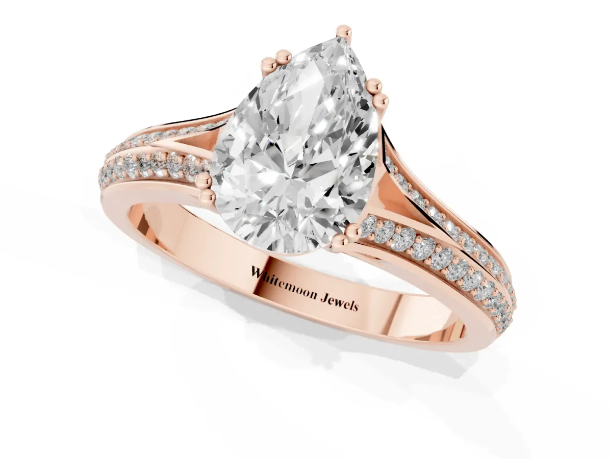 Pear Cut Diamond Split Shank Engagement Ring with Pavé Band Rose gold