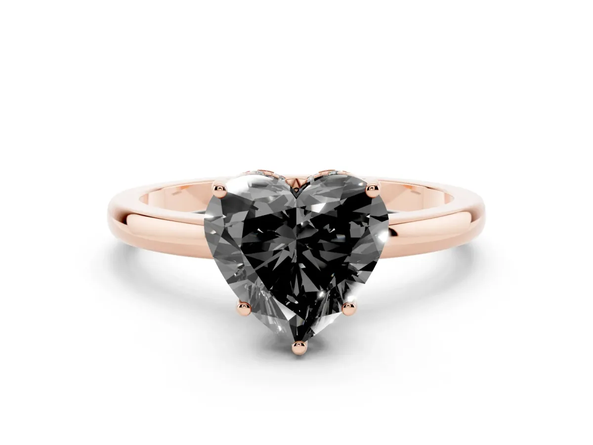 Fancy Black Heart Cut Solitaire Diamond Ring with Prong Setting and Plain Band Rose gold