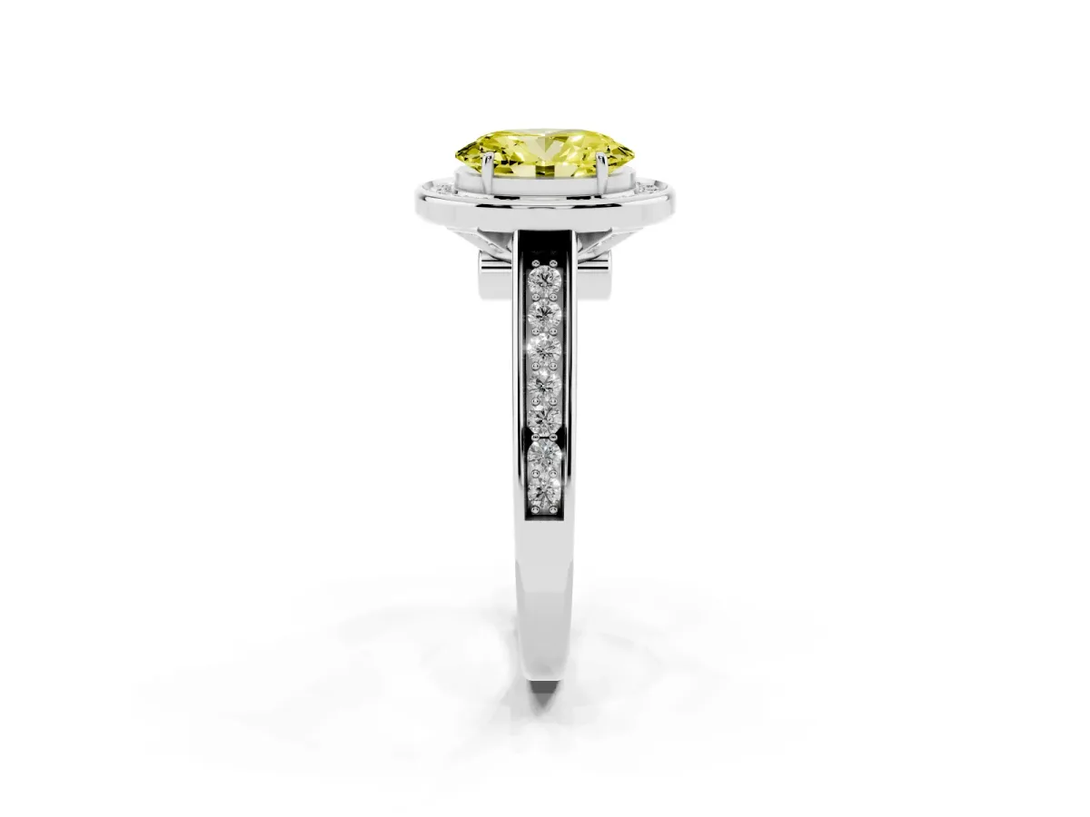 Fancy Yellow Oval Cut Halo Solitaire Diamond Ring with Pave Band and Bezel Setting Platinum