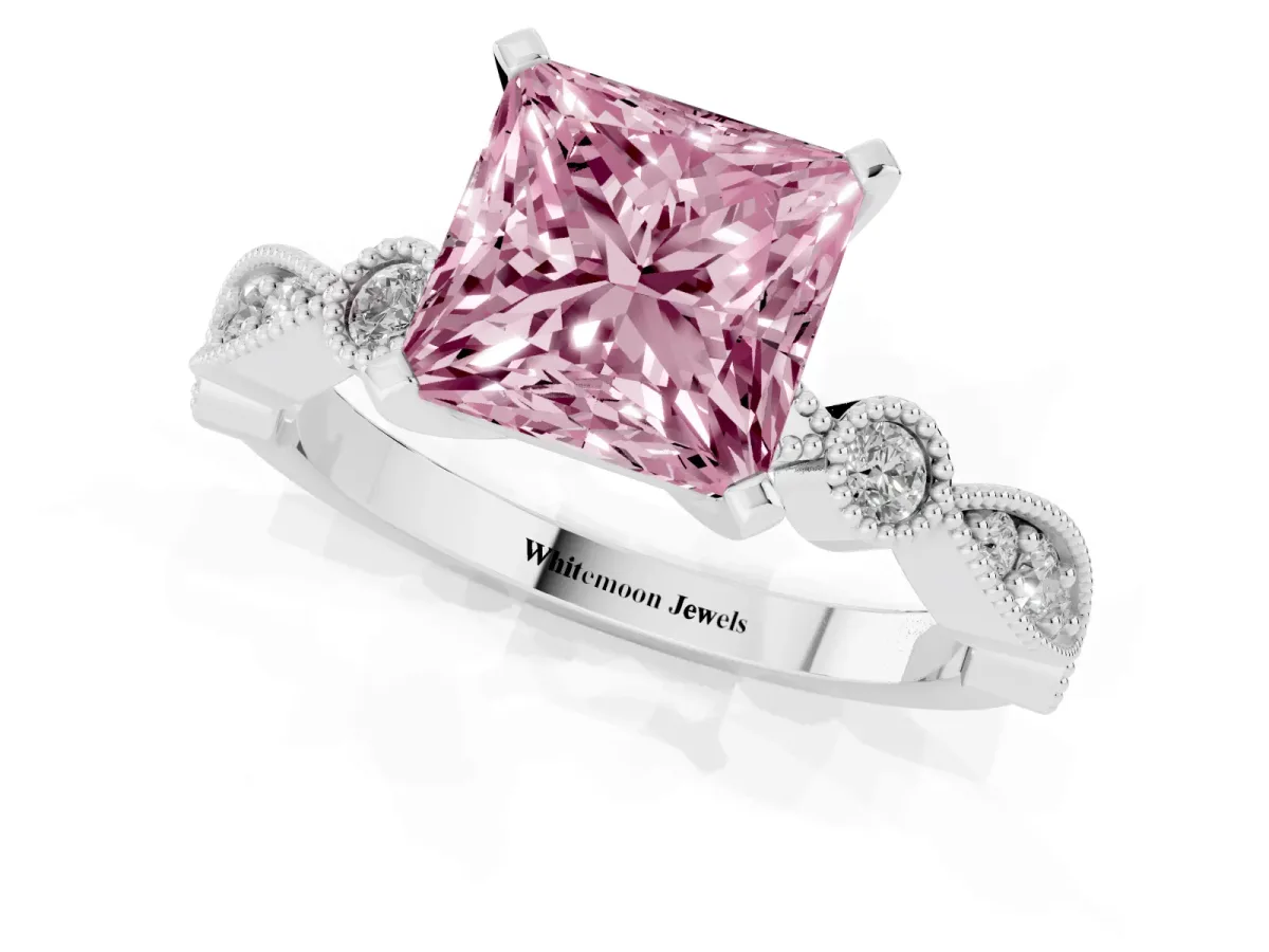 Fancy Pink Princess Cut Milgrain Bezel Diamond Engagement Ring with Solitaire Prong Setting Silver
