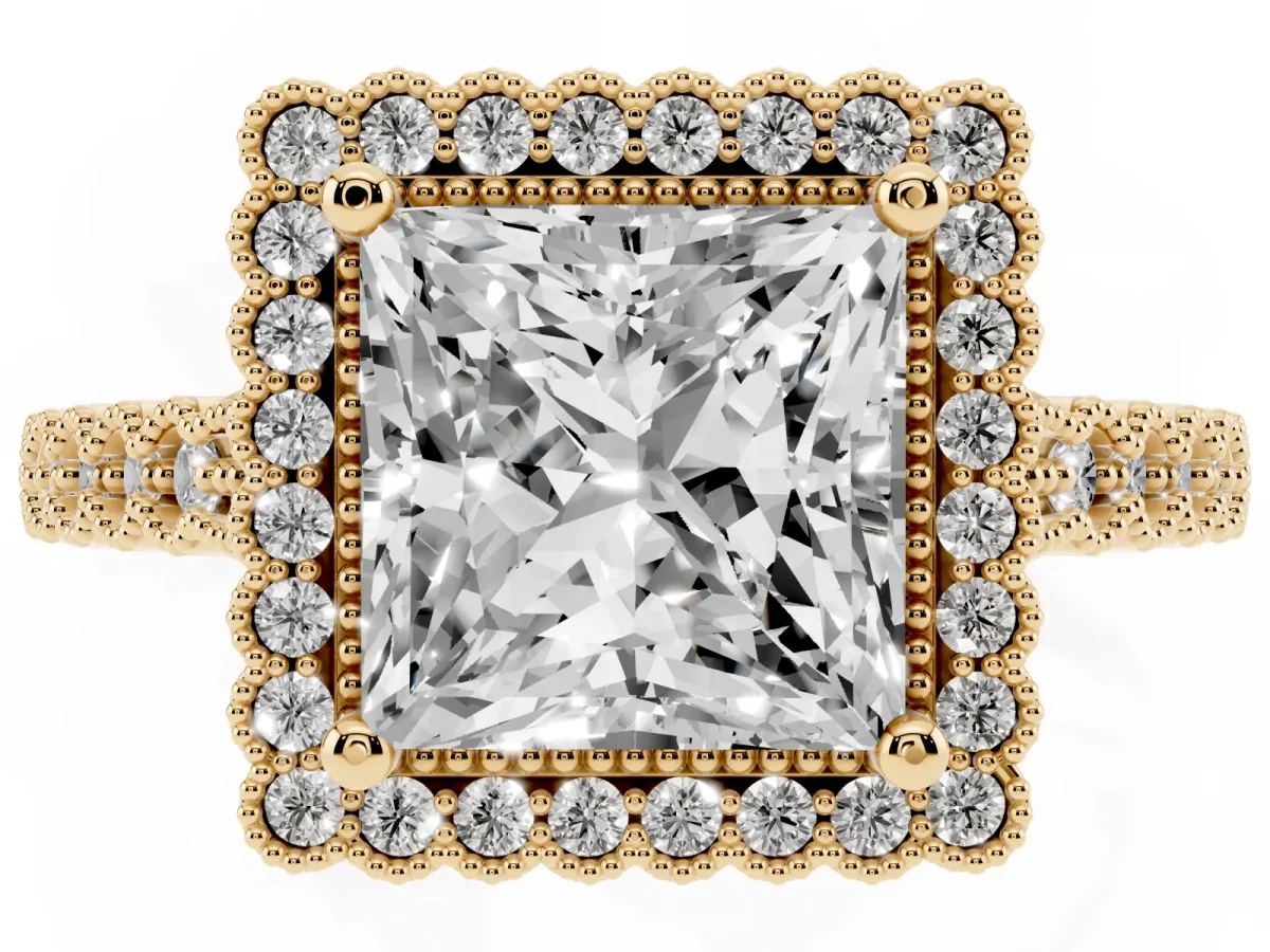 Princess Cut Cut Halo Pavé Solitaire Ring with Milgrain Band Yellow gold