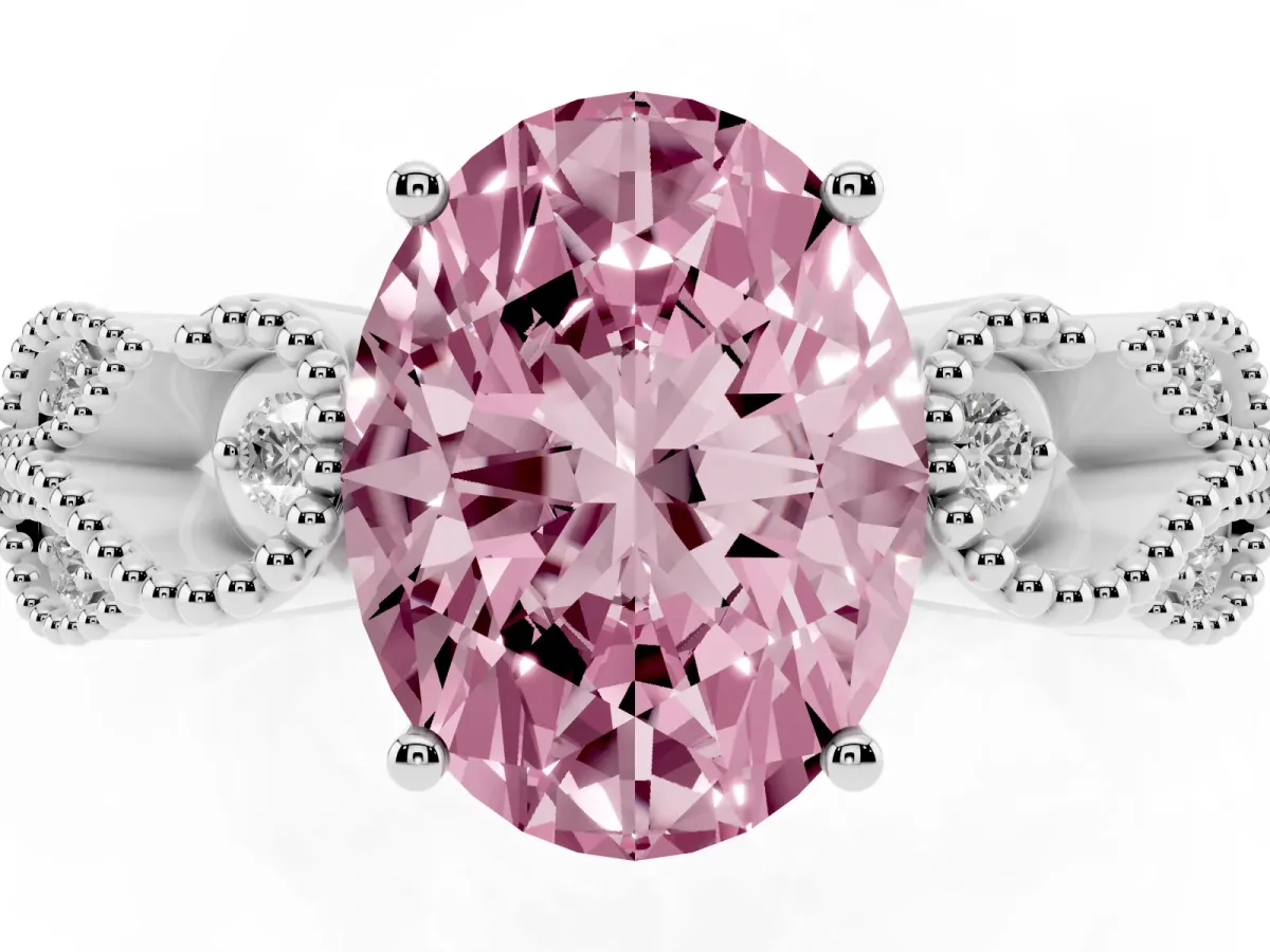 Fancy Pink Oval Cut Solitaire Milgrain Leaf Band with Prong Setting Silver