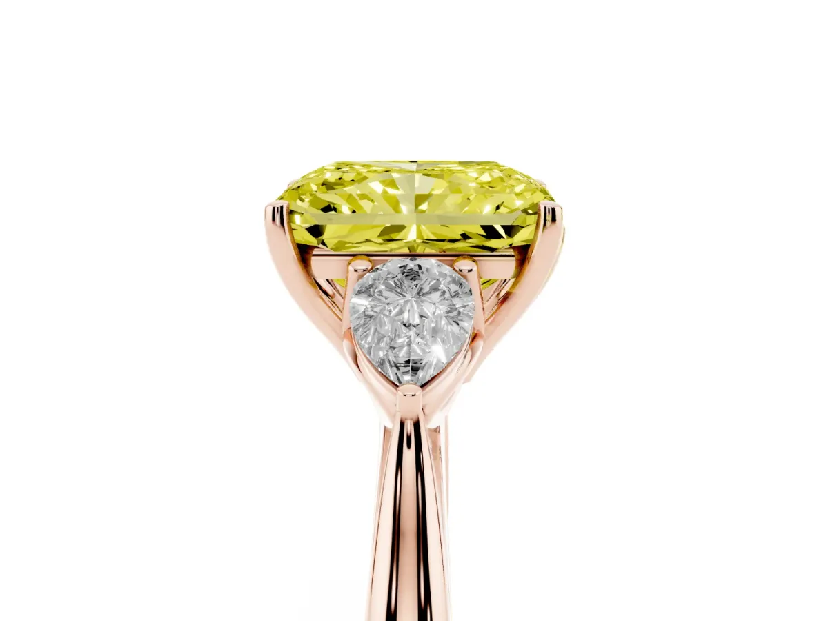 Fancy Yellow Three-Stone Radiant Cut Diamond Ring with Pear Side Stones in Four-Prong Setting Rose gold