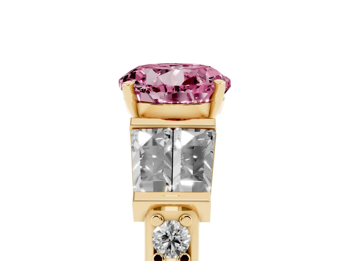 Fancy Pink Round Cut Diamond Engagement Ring with Baguette Side Stones and Channel Set Band Yellow gold