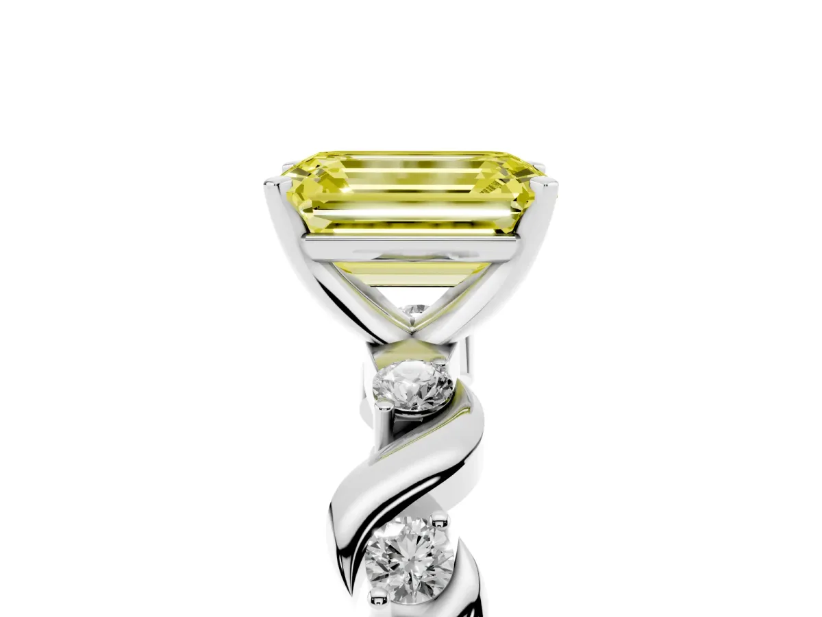 Fancy Yellow Emerald Cut Diamond Solitaire Twisted Band with Round Accents and Prong Setting Silver