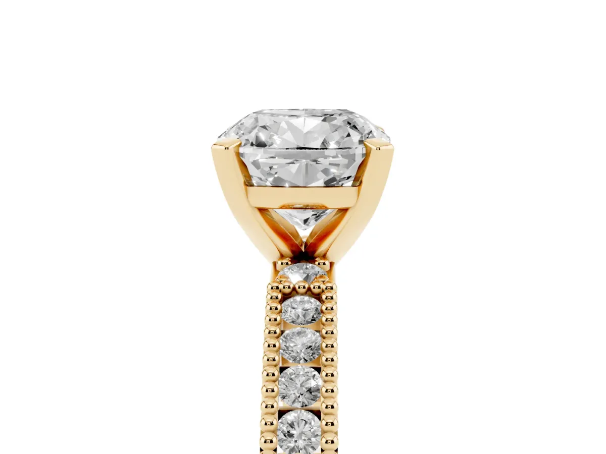 Cushion Cut Solitaire with Pavé Band and Four-Prong Setting Yellow gold