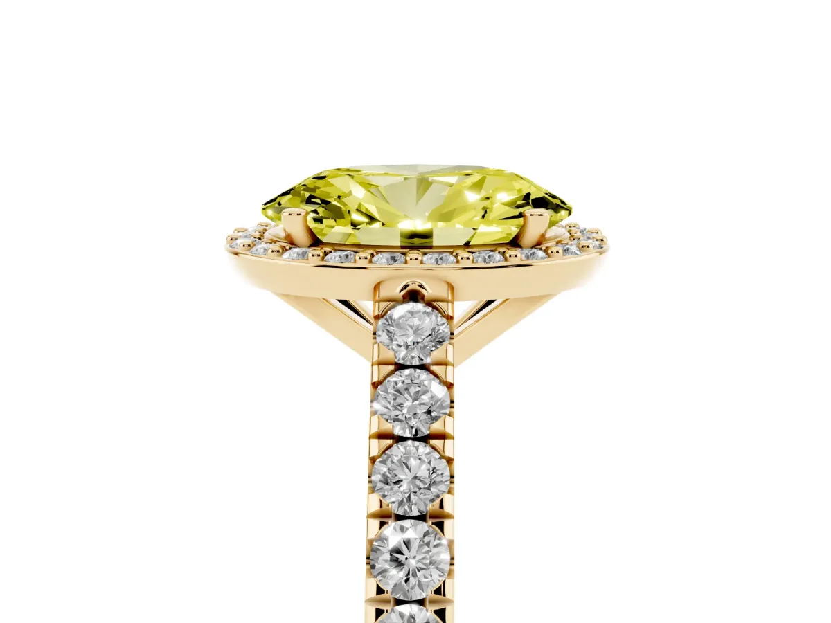 Fancy Yellow Oval Cut Cut Halo Diamond Engagement Ring with Pave Band and Four-Prong Setting Yellow gold