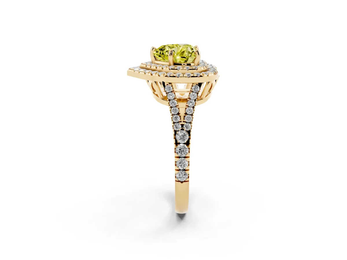 Fancy Yellow Heart Cut Diamond Double Halo Ring with Pavé Band and Prong Setting Yellow gold