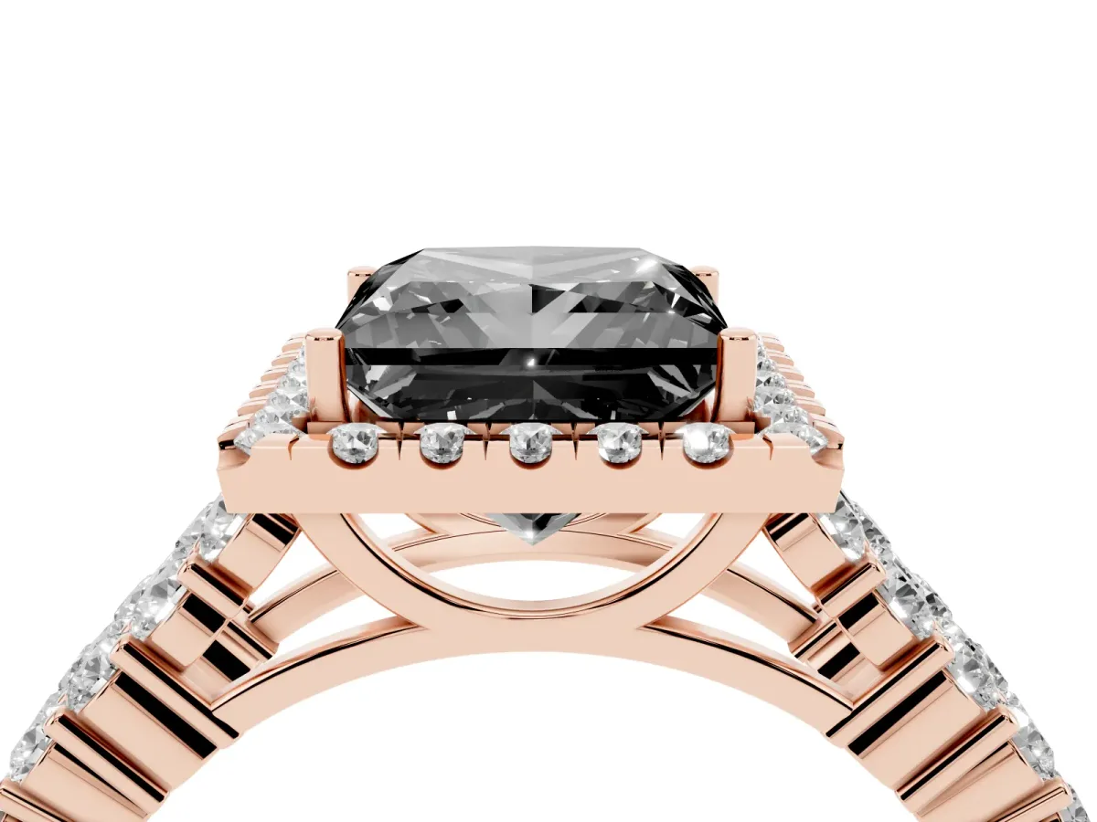 Fancy Black Princess Cut Diamond Halo Engagement Ring with Triple Row Round Pavé Band and Prong Setting Rose gold