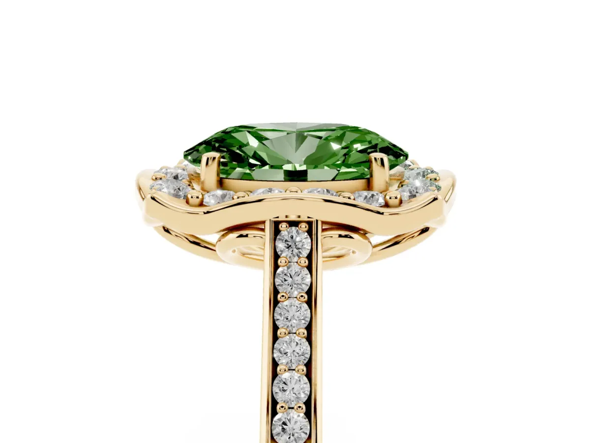 Fancy Green Oval Cut Halo Round Diamond Pave Band with Four-Prong Setting Yellow gold