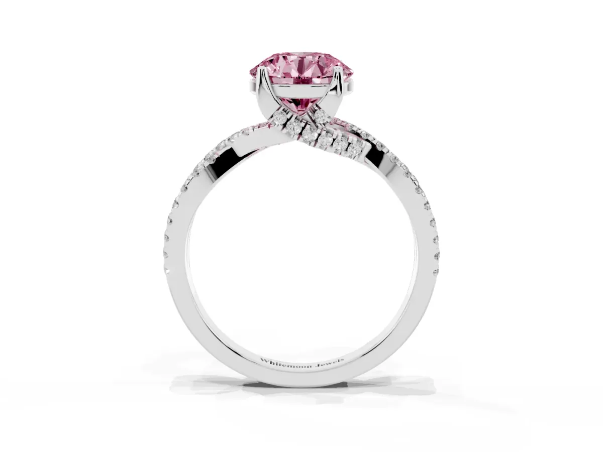 Fancy Pink Round Cut Solitaire Twist Pave Diamond Engagement Ring with Prong Setting Silver