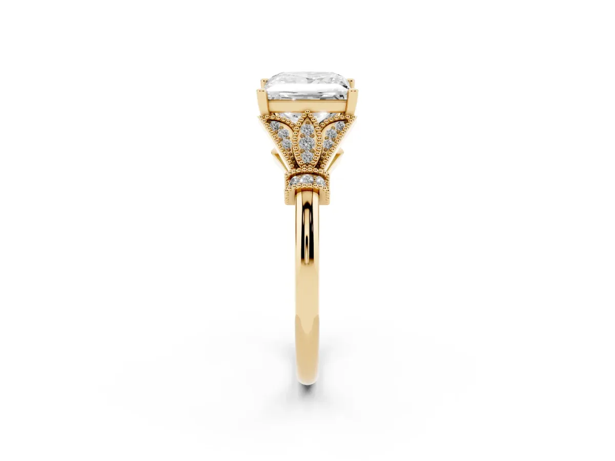 Princess Cut Diamond Solitaire Ring with Floral Filigree and Pave Accents Yellow gold