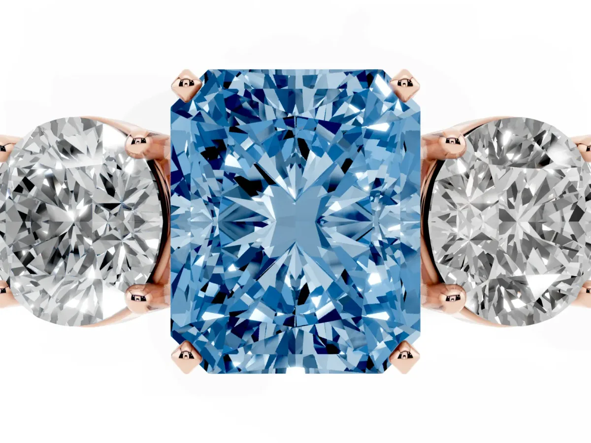 Fancy Blue Three-Stone Radiant Cut Diamond Ring with Round Side Stones, Classic Band, and Four-Prong Setting Rose gold