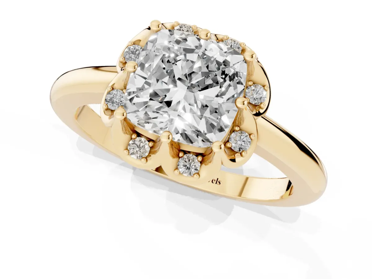 Cushion Cut Halo Diamond Ring with Round Cluster Setting, Solitaire Band, and Four-Prong Setting Yellow gold
