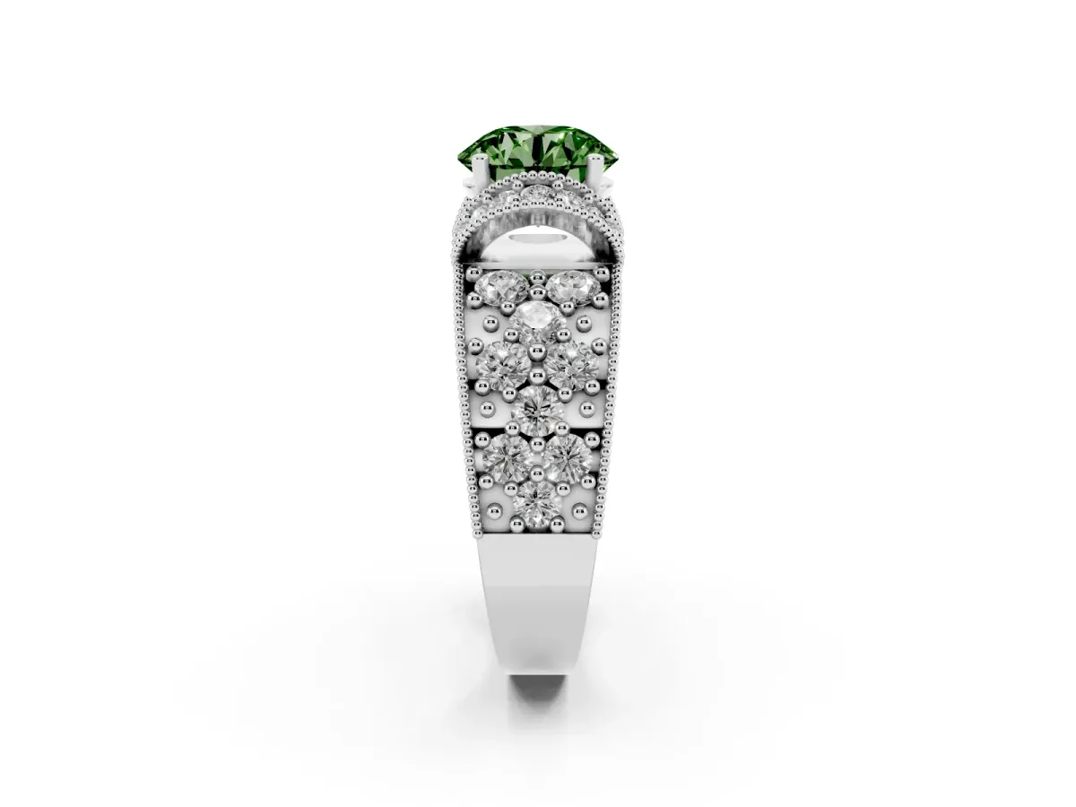 Fancy Green Round Cut Halo Pave Diamond Engagement Ring with Milgrain Detailing Silver