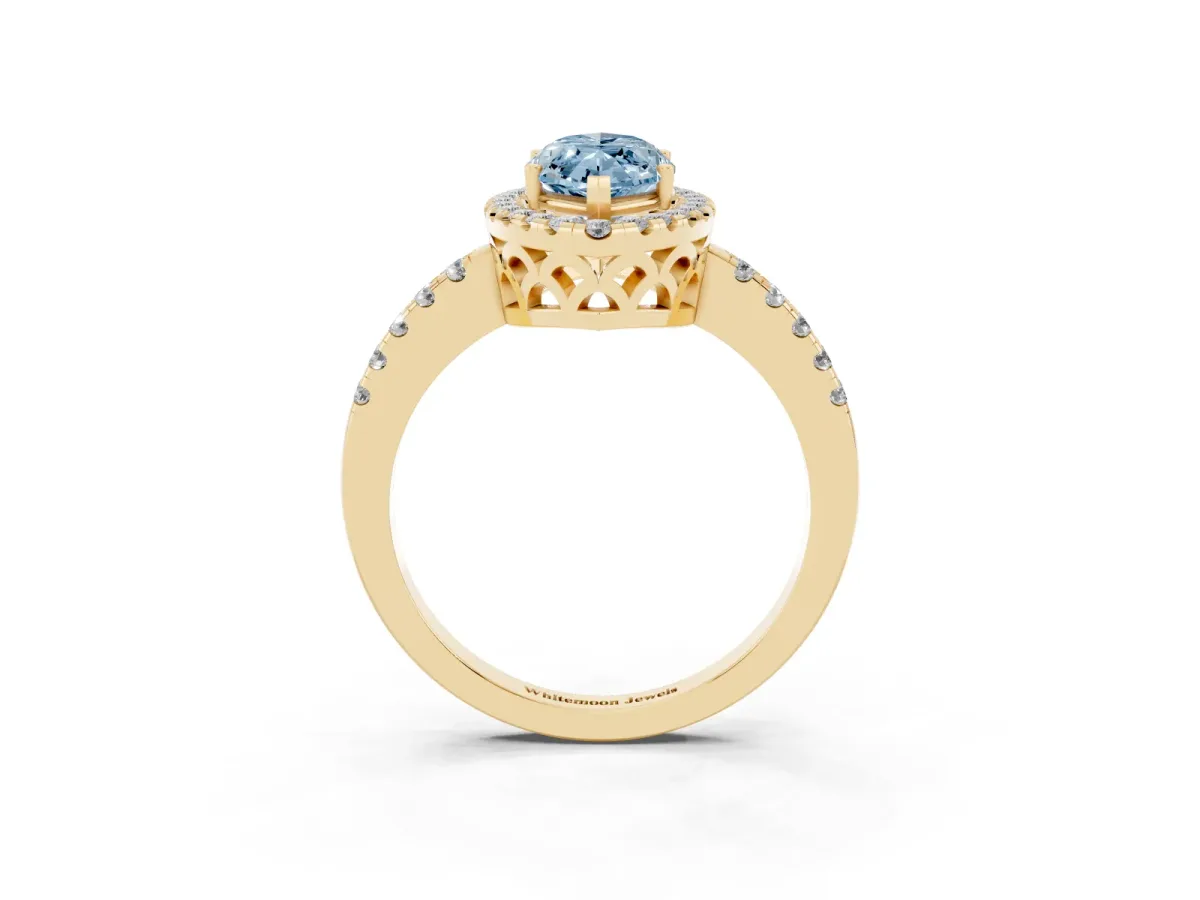 Fancy Blue Marquise Cut Halo Diamond Engagement Ring with Pavé Band and Four-Prong Setting Yellow gold