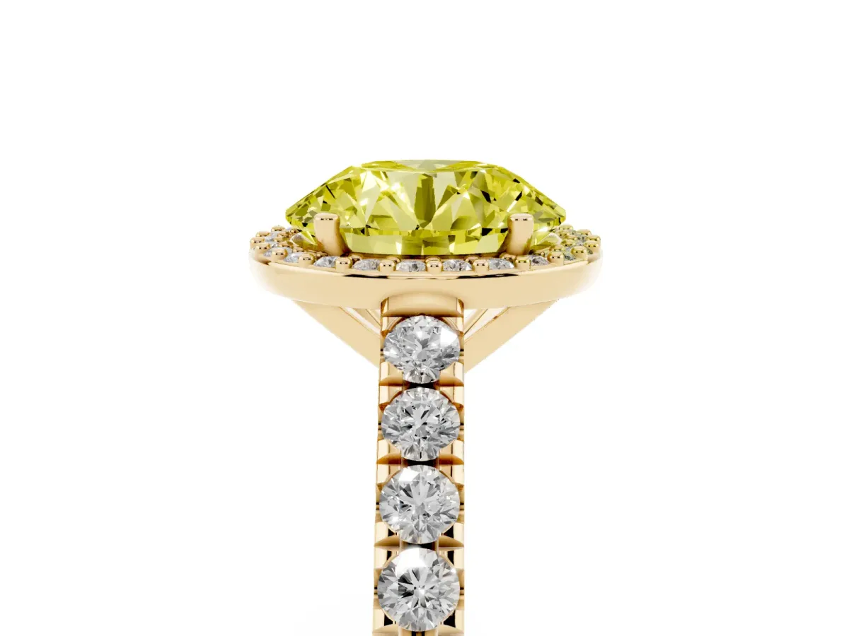 Fancy Yellow Round Cut Cut Halo Diamond Engagement Ring with Pave Band and Four-Prong Setting Yellow gold