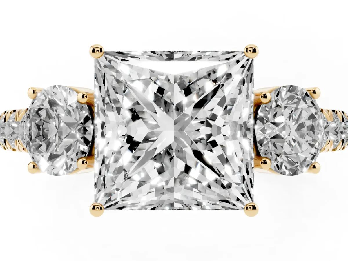 Princess Cut Cut Diamond Three-Stone Ring with Round Side Stones and Pavé Band Yellow gold