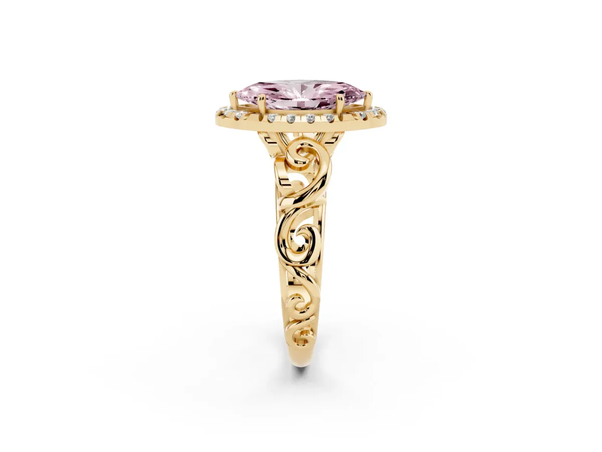 Fancy Pink Marquise Cut Cut Halo Diamond Ring with Scrollwork Band and Four-Prong Setting Yellow gold