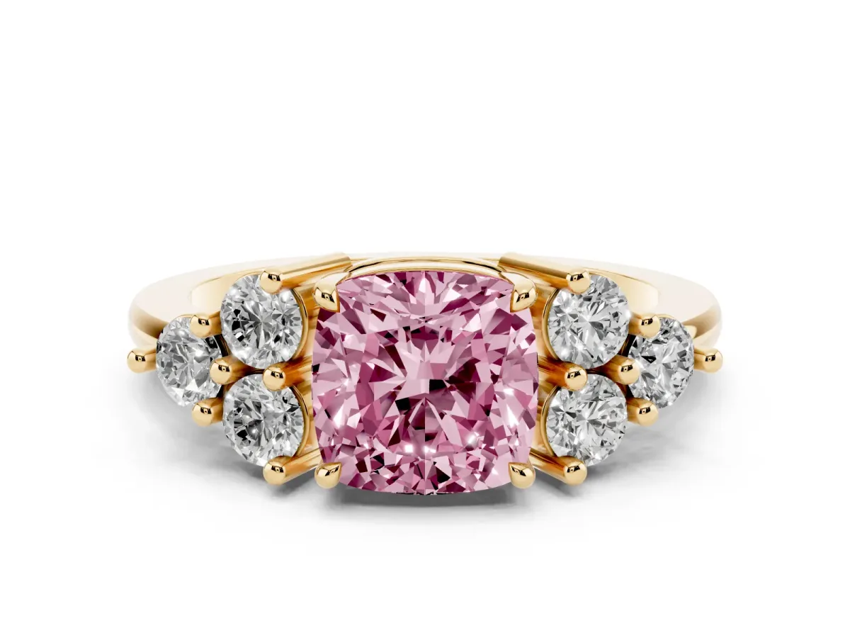 Fancy Pink Cushion Cut Brilliant Diamond Cluster Accent Solitaire Ring with Prong Setting Yellow gold