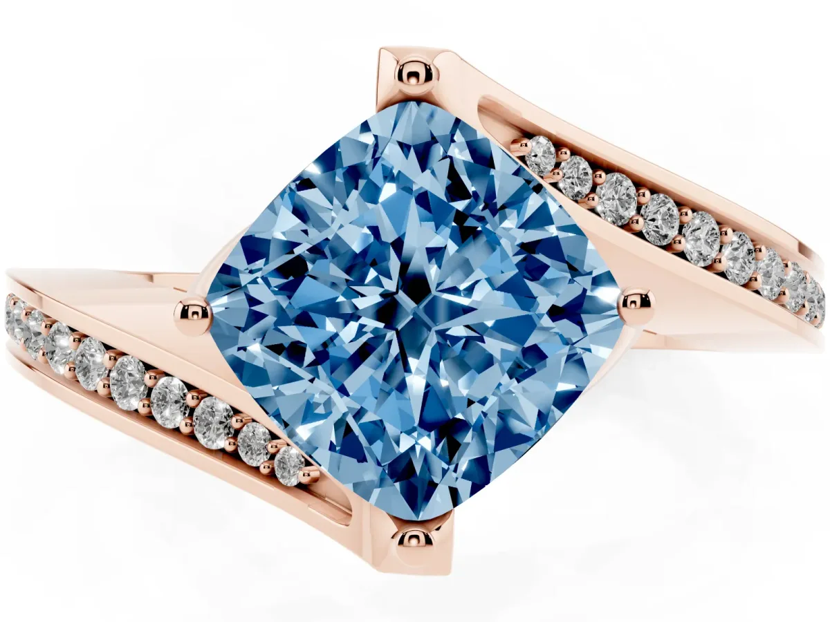 Fancy Blue Cushion Cut Solitaire Diamond Twist Band with Pavé Setting and Four-Prong Setting Rose gold
