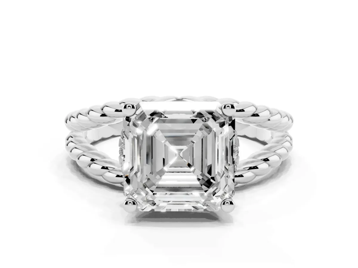 Asscher Cut Halo Twisted Band Four-Prong Ring Silver