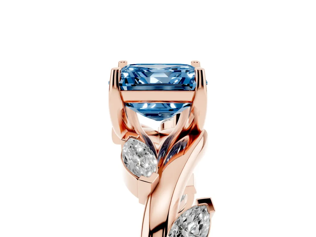 Fancy Blue Asscher Cut Solitaire Twisted Band Marquise Accent Prong Setting Ring Rose gold
