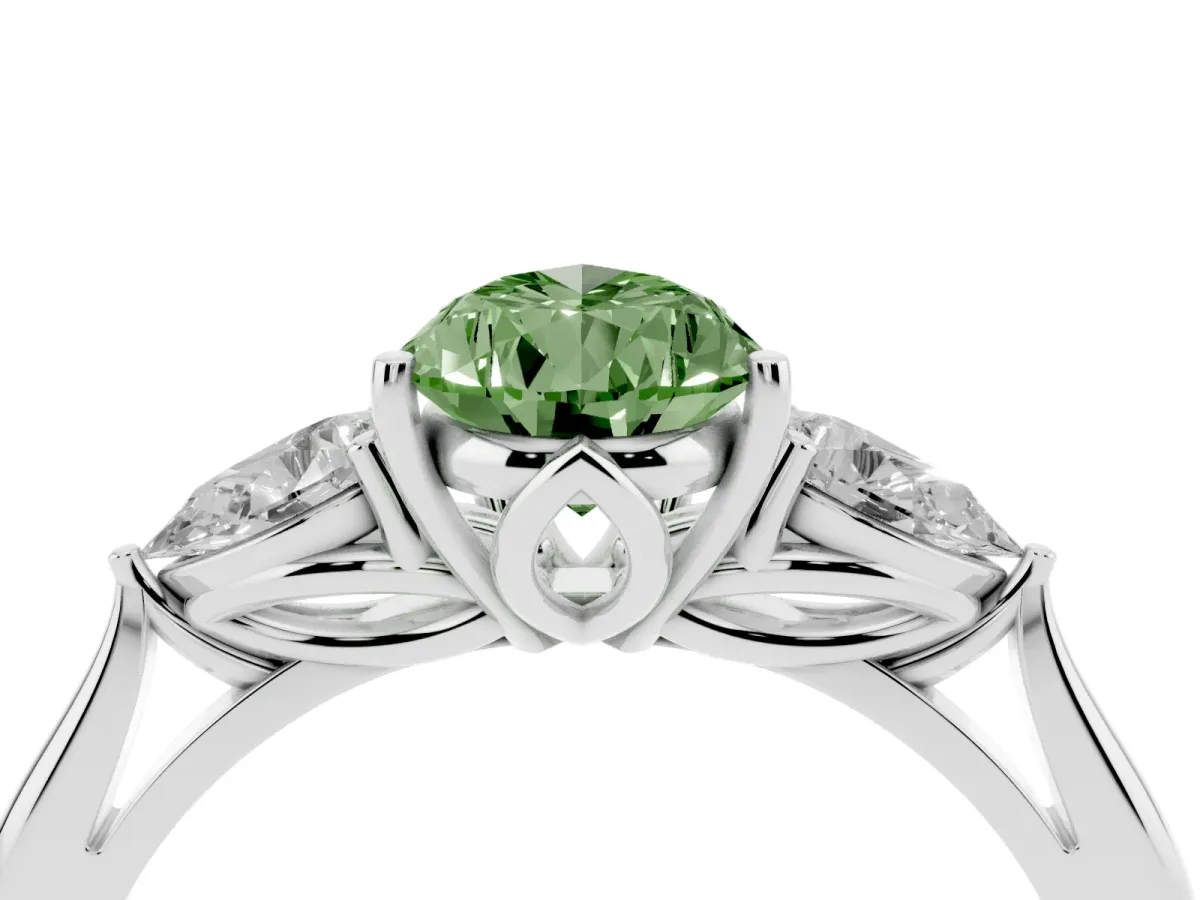 Fancy Green Three-Stone Pear Cut Diamond Ring with Pear Side Stones in Four-Prong Setting Silver