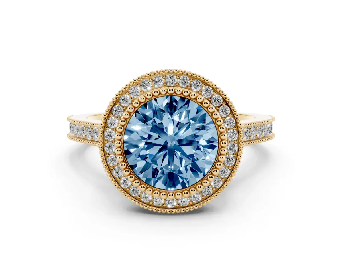 Fancy Blue Round Cut Diamond Halo Ring with Milgrain Frame and Pavé Band Yellow gold