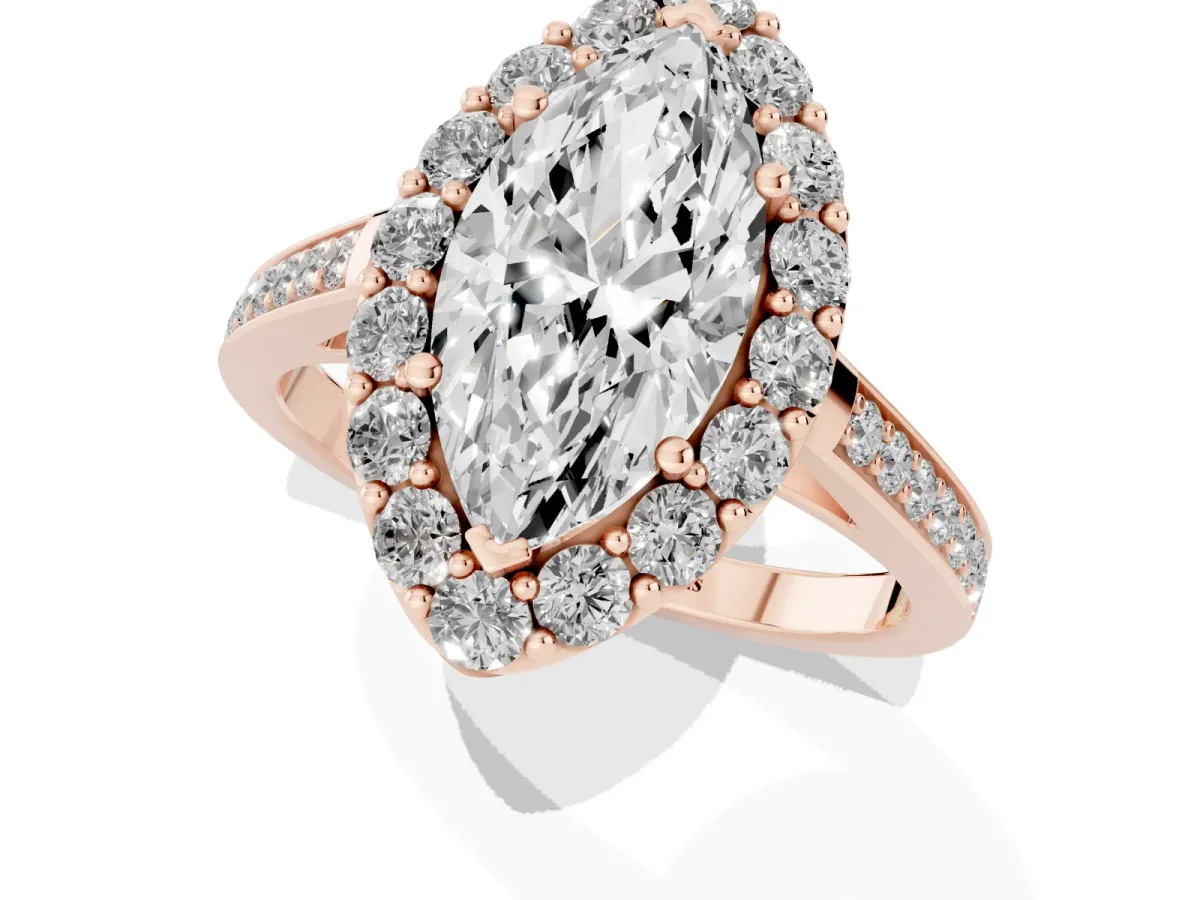 Marquise Cut Diamond Floral Halo Ring with Pavé Band and Prong Setting Rose gold