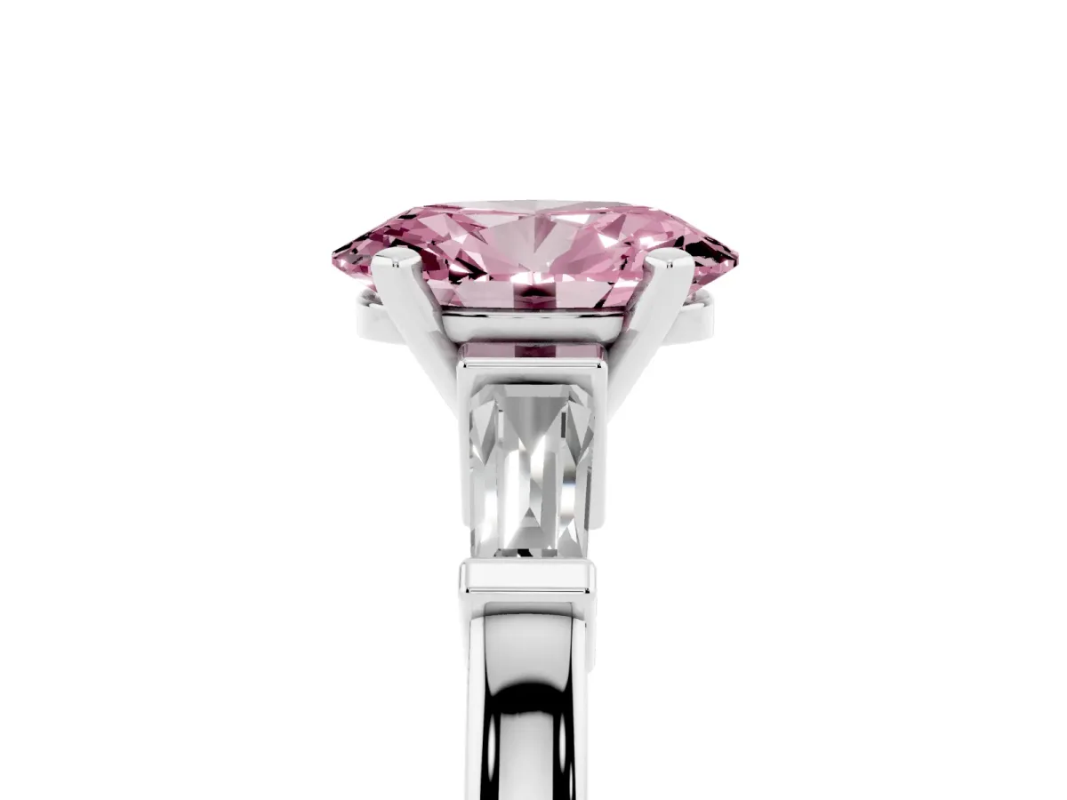 Fancy Pink Oval Cut Cut Diamond Solitaire Ring with Tapered Baguette Accents and Four-Prong Setting Platinum