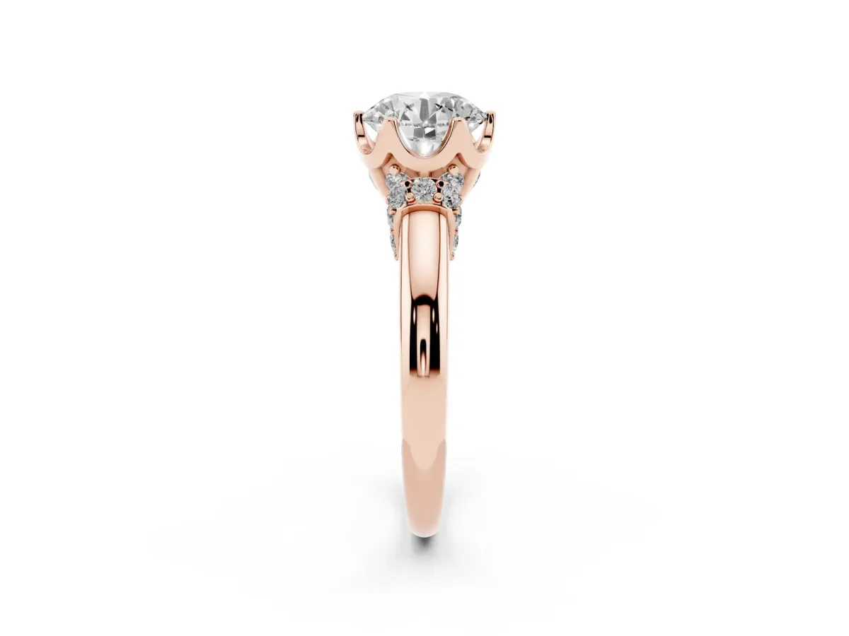 Round Cut Brilliant Solitaire Cathedral Engagement Ring with Pave Accents Rose gold