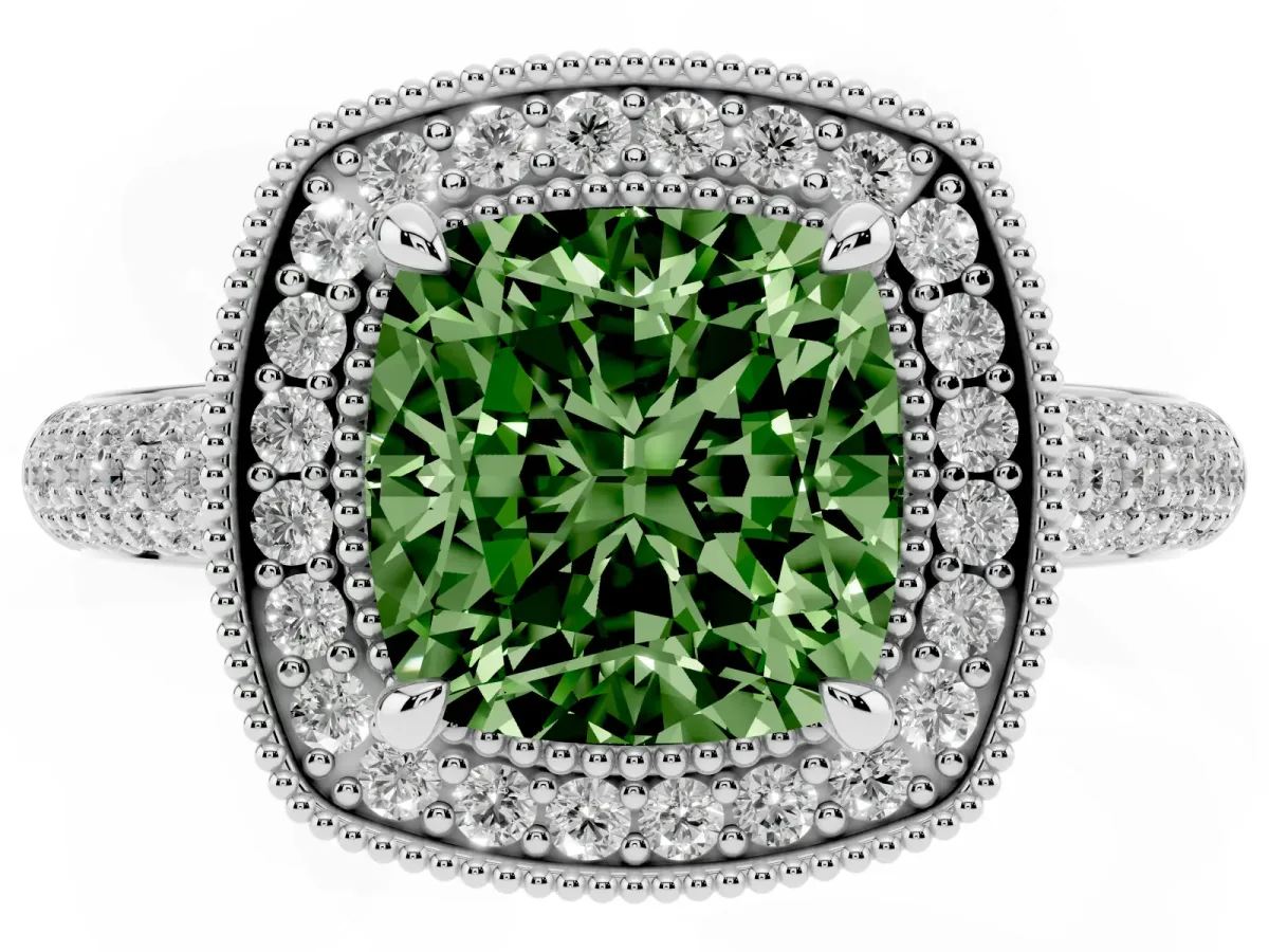 Fancy Green Cushion Cut Cut Halo Diamond Pave Band with Four-Prong Setting Silver