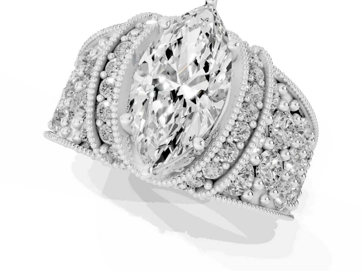 Marquise Cut Halo Pave Diamond Engagement Ring with Milgrain Detailing White gold