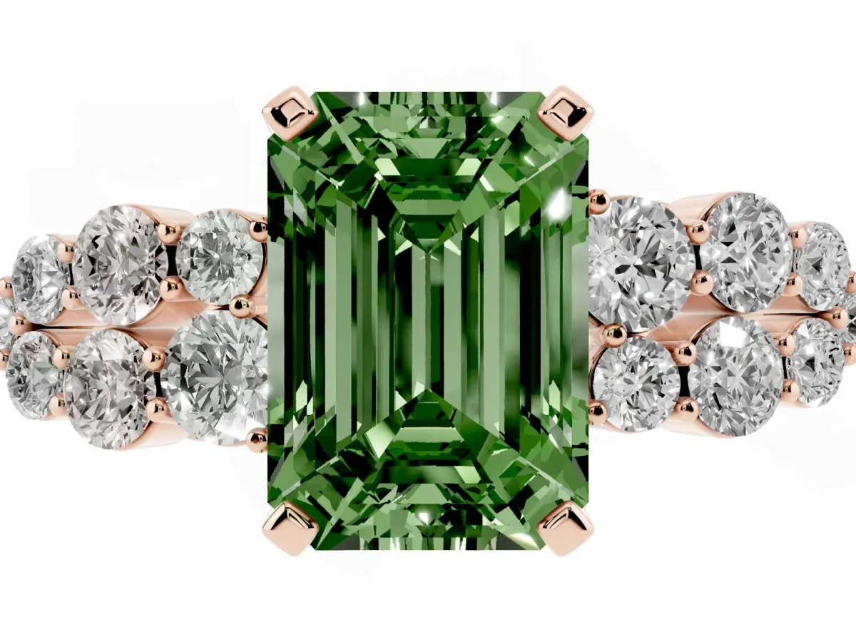 Fancy Green Emerald Cut Cluster Diamond Engagement Ring with Pavé Band and Four-Prong Setting Rose gold