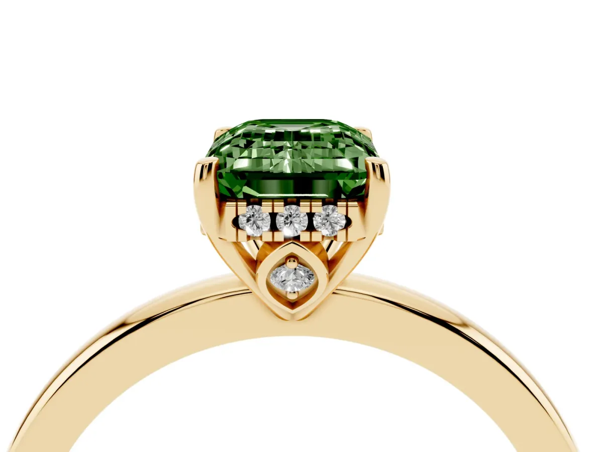 Fancy Green Emerald Cut Solitaire Diamond Ring with Prong Setting and Plain Band Yellow gold
