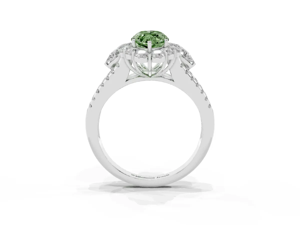 Fancy Green Marquise Cut Halo Split Shank Diamond Engagement Ring with Prong Setting Platinum