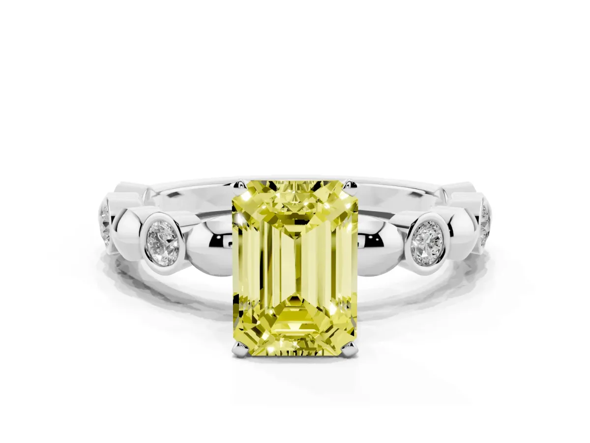 Fancy Yellow Emerald Cut Solitaire Bezel-Set Diamond Ring with Beaded Band and Four-Prong Setting Silver