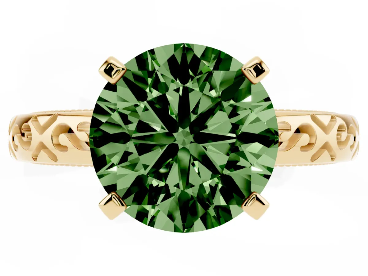Fancy Green Round Cut Solitaire Engagement Ring with Scrollwork Band and Four-Prong Setting Yellow gold