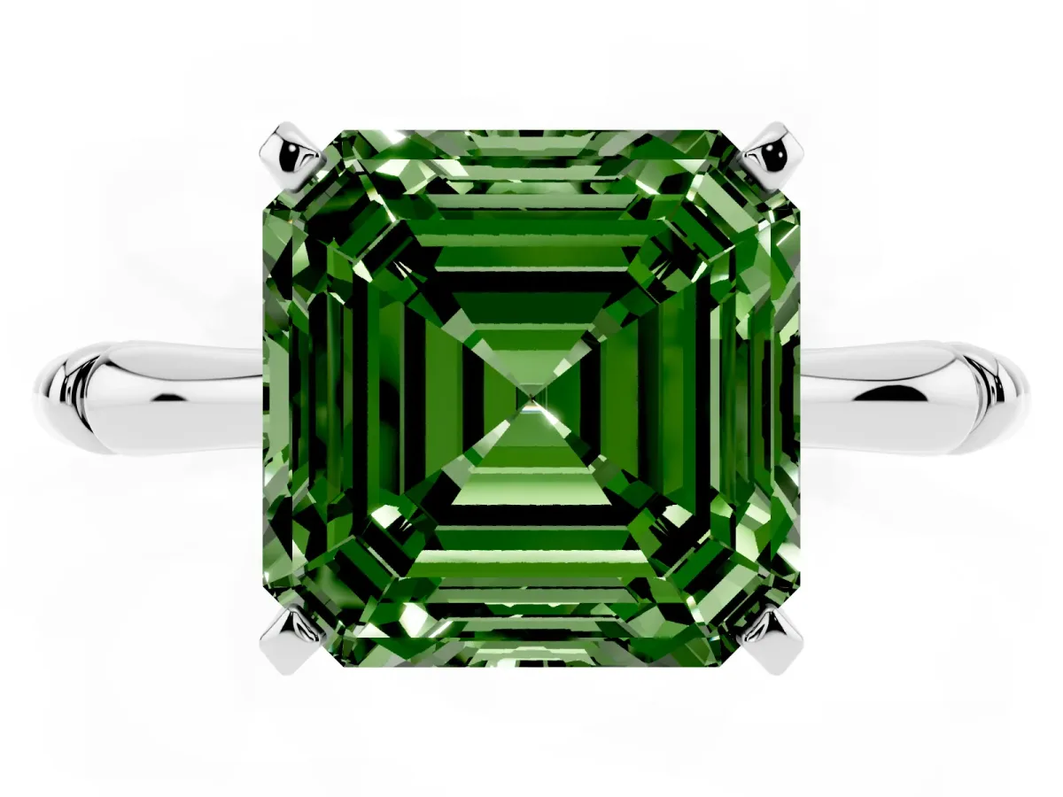 Fancy Green Asscher Cut Solitaire Diamond Ring with Bamboo Band and Four-Prong Setting Silver