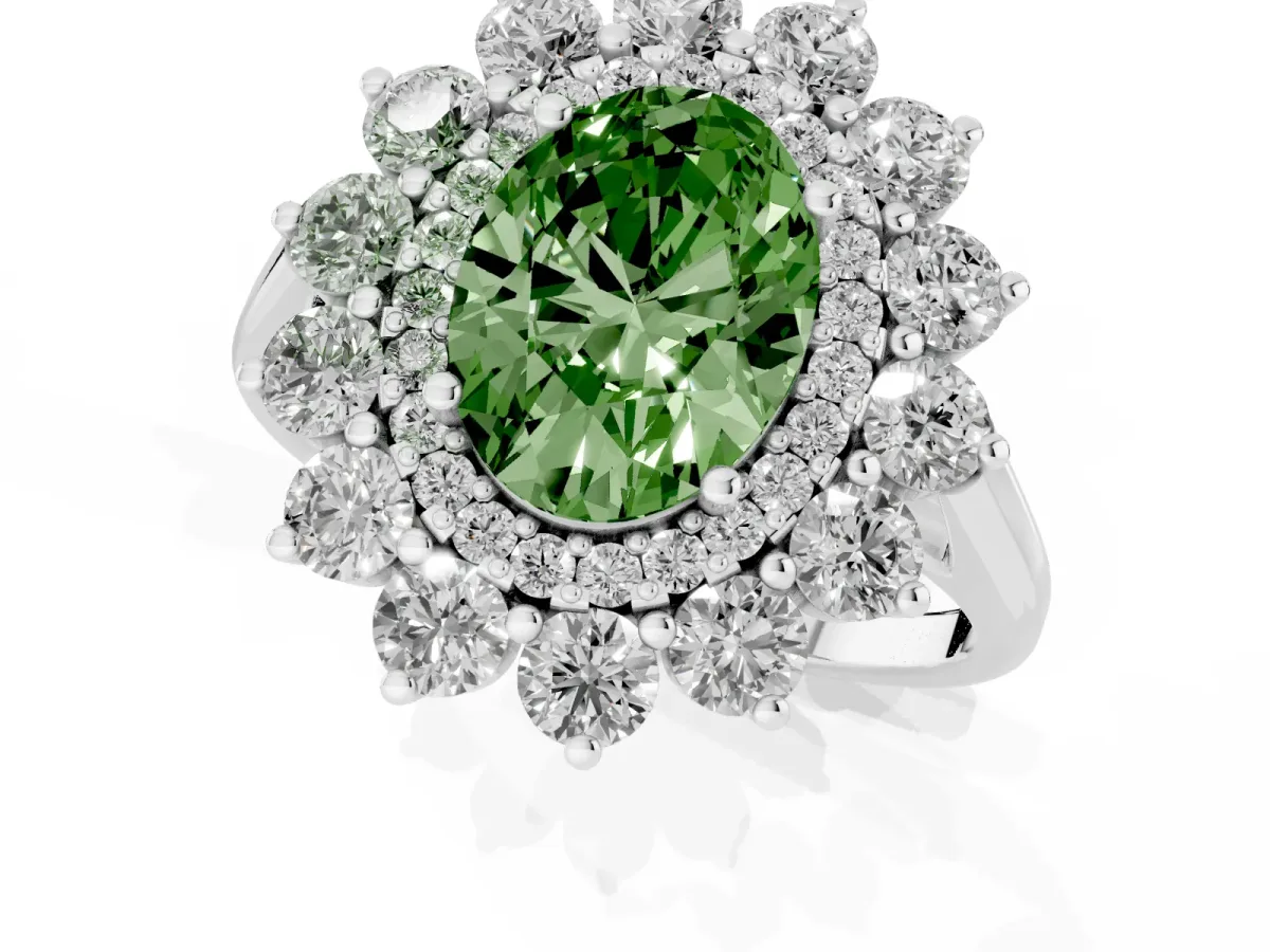 Fancy Green Oval Cut Diamond Floral Double Halo Engagement Ring with Prong Setting Platinum