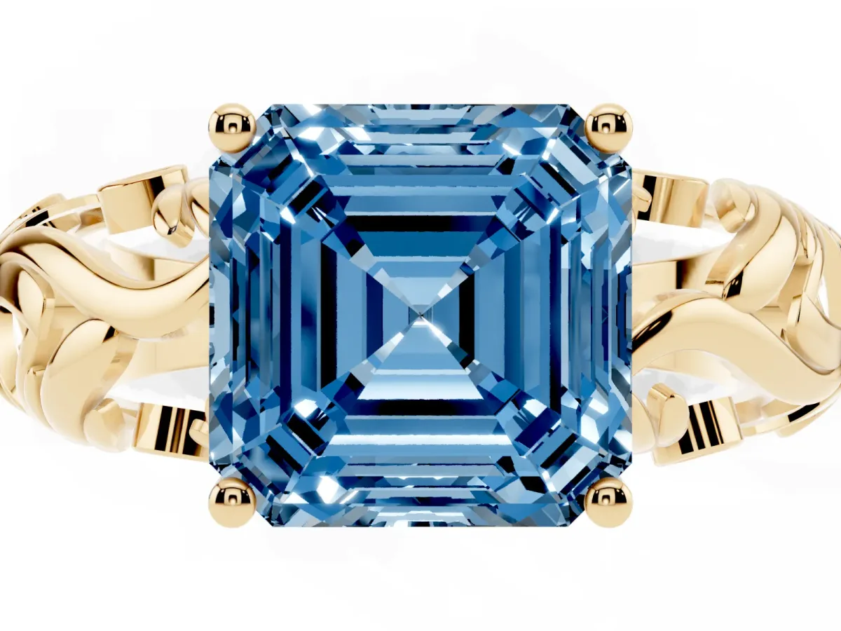 Fancy Blue Asscher Cut Solitaire Diamond Leaf-Inspired Vine Band Ring with Prong Setting Yellow gold